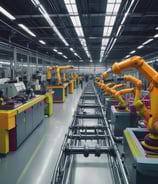 The interior of a factory or assembly line is visible, with several workstations lined up neatly. Each station contains white plastic enclosures with electronic components inside, suggesting an electronic manufacturing or assembly process. Overhead lighting and blue tool boards are present, with some orange coiled cords hanging down.