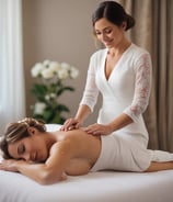 A person is lying face down on a comfortable surface, receiving a massage from another individual's hands. The setting appears calm and serene, with soft lighting enhancing the relaxed atmosphere. The person receiving the massage has closed eyes, indicating a state of relaxation.