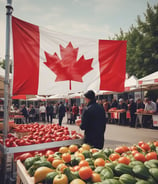 A market stall displays various packaged goods, including jars and bags filled with different products. Two women interact at the stall, with one appearing to make a purchase. Behind the stall, there is a variety of produce and people wearing casual clothing. The setting is outdoors with trees and plants in the background, providing a lush, green environment.