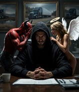 Image is a man choosing, 'Good' or 'Bad'.