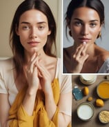 A selection of beauty products is displayed on a yellow countertop. There is an eyeshadow palette with neutral shades, a round compact with a golden lid, two dropper bottles containing serums, a makeup brush with a gold handle, and two white pen-shaped makeup products.