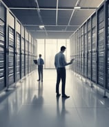 Two medical professionals are performing surgery in an operating room. They are dressed in blue surgical gowns, masks, and hairnets. Surgical instruments and equipment are placed on a table nearby, and the scene is illuminated by focused lighting.