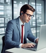 Two people in lab coats collaborate in an office setting. One is seated and pointing at a computer screen displaying medical images, while the other stands nearby holding a tablet. Large windows reveal a view of greenery outside, creating a bright and professional environment.