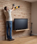 A vintage television set is prominently displayed in a dimly lit industrial space with exposed brick walls. The area features a mix of modern and rustic elements, including various tables and chairs, plants, and wall decor that includes informational posters and a QR code. The floor appears worn, adding to the retro and nostalgic atmosphere.