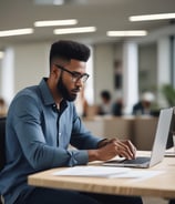 A person is working on a laptop at a wooden table. Next to them is a stack of books relating to business and success, with titles visible such as 'The Warren Buffett Way' and 'The Deals That Made The World'. The setting appears to be professional, possibly an office or study.