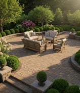 a paver patio with a couch and chairs in the middle of a brick patio