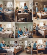 A healthcare professional is assisting a patient in a clinical setting. The patient is sitting on a chair, holding a cup near her mouth. The healthcare worker is wearing gloves and a protective gown, attending to the patient with what appears to be a medical procedure or care routine.