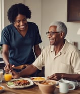 An elderly woman with a joyful expression receives a plate of food from a younger woman who is smiling warmly. They are indoors, surrounded by patterned curtains, a sofa with colorful cushions, and a water dispenser in the background.