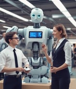 Four small, white robot figures are sitting in a row, each with a laptop in front of them. They have round bodies and blue accents, with 'AI' displayed on their chests. The background is minimal and light gray, emphasizing the robots and their computers.