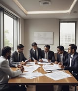 A group of four men in business attire are gathered around a table, examining documents laid out in front of them. They appear to be engaged in a discussion or meeting, with focused expressions and attentive body language.