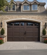 A vintage-style garage door with vertical wooden slats and ornate red and frosted glass panels in the upper section. The frame is painted in red, contrasting with the gray of the door itself. The surrounding wall has a textured, stucco-like finish.