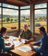 A green agricultural combine harvester with yellow accents is parked on a farm field. The background includes open fields and sparse trees under a clear sky.