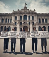 A group of people stands in front of a large government building, holding signs advocating for racial equality and an end to police brutality. The scene is lively with people engaged in peaceful protest. The building in the background features grand columns and intricate architectural details.