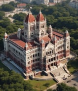 A multi-story building with a business on the ground floor displaying a sign for an architectural company. The facade includes balconies with railings. In front of the entrance, there is a table covered with a red cloth, adorned with decorative floral arrangements. Motorbikes are parked along the sidewalk and there are some potted plants on a ledge above the entrance.