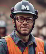 A hand holding a white hard hat with a green symbol, overlooking a large, open quarry or mining site. The landscape consists of rocky terrain with an expansive view into the horizon, where the sky meets the earth, filled with a light blue and orange gradient from the setting or rising sun.