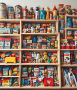 A large supermarket aisle displays a variety of colorful packaged goods arranged neatly on shelves. A person in a blue shirt stands in front of the shelves, holding a list or paper, likely checking items or inventory. The view from above shows an extensive selection of products, indicating a wide variety of options available to shoppers.