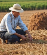 A farmer observing the quality of his harvested crops.raw hat