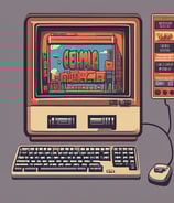 An arcade setting featuring a classic Space Invaders game setup and a modern gaming machine with seats. Bright neon lights illuminate the area, with scores displayed on digital screens. A bright and visually engaging environment full of electronic components.