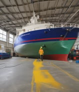 Two individuals are working underneath the hull of a large boat, scraping away at the surface. One is closer to the camera, wearing a cap, a purple shirt, and jeans shorts, using a scraping tool. The other person is in the background, dressed in blue, focused on a similar task. The environment appears industrial, with a concrete floor, and the underside of the boat dominates the frame.