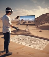A person wearing a virtual reality headset standing in a library. They hold VR controllers in both hands and wear a colorful shirt featuring an astronaut graphic. The shelves are lined with numerous books.