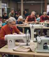 Atelier de couture solidaire avec des couturières et couturiers en réinsertion travaillant