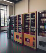 A vending machine situated in a dimly lit area, featuring a variety of drink options displayed brightly. The selection includes colorful cartons and bottles with labels in Japanese. Another machine or display is nearby showing various small items and snacks.