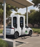 A black electric car is parked at a charging station with visible greenery and wet ground reflections. The charging unit is prominently branded behind the vehicle.