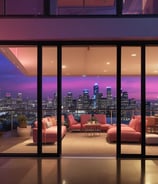 a living room with a couch and a view of the city
