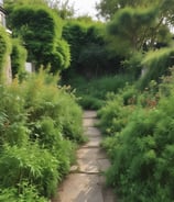 A well-maintained garden with various types of trees and bushes is present under a clear blue sky. The neatly trimmed bushes form geometric shapes, surrounded by a lush green lawn. Tall evergreen trees line the background, and a metal tower is visible in the distance.