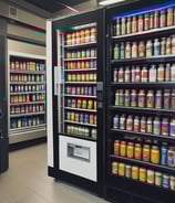 A row of vending machines is lined up on a sidewalk against a tiled wall. Each machine displays various drinks and snacks with colorful branding, including well-known beverages like Coca-Cola and Pocari Sweat. The setting appears urban, with typical street markings visible on the asphalt in front.