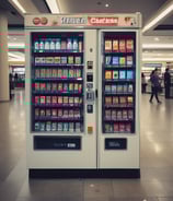 A brightly lit vending machine stocked with various beverages, positioned on a city sidewalk at night. It is surrounded by some greenery, and a tall concrete pillar partially obstructs the view on the right side. The machine features a digital payment option and is filled with colorful drink cans and bottles.