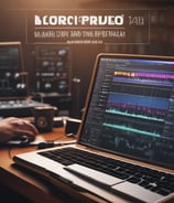 A professional audio production studio setup featuring a large mixing console with numerous knobs and sliders in the foreground. A computer monitor in the background displays audio mixing software with visible equalizer settings. Surrounding the monitor are several large speakers, indicating a focus on sound engineering and clarity. Various cables and audio equipment are organized across the surfaces, contributing to a busy and technical atmosphere. The lighting in the room is a combination of blue and pink hues, creating a dynamic and modern ambiance.