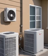 A densely packed wall with numerous air conditioning units attached at various heights. There are several metal ladders placed vertically and horizontally around the units. Various cables and ducts are seen running from the units, and the entire setup has an industrial and cluttered appearance.