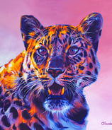 A painting of a pink hued leopard with golden highlights