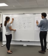 A woman wearing denim overalls stands in front of a whiteboard and writes with an orange marker. The whiteboard has writing that explains how to set up a 'Social Wall,' with steps numbered one to three.