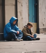 A man sits on the ground leaning against a large blue wall, appearing contemplative or weary. Beside him are a couple of bags, one of which is labeled 'homeless'. The wall and pavement create a stark background.