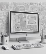 A neatly arranged workspace features a laptop, a UX sketchbook, a keyboard, drawing tools, stencil templates, and wireframe sketches for a mobile app design. The environment appears organized and intended for user experience design work.