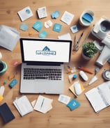 A neatly arranged workspace features a laptop, a UX sketchbook, a keyboard, drawing tools, stencil templates, and wireframe sketches for a mobile app design. The environment appears organized and intended for user experience design work.