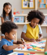 Children are seated around a table in a classroom setting, engaging in activities with paper and art supplies. The classroom appears busy with students focused and collaborating on creative tasks.