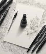 An intricate black and white woodcut-style illustration featuring abstract patterns and shapes, resembling a dense cluster of foliage and branches. A small, stylized figure appears to be sitting among the leaves, adding a touch of mystery.