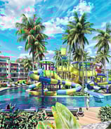 a large pool with a slider and a slider in the middle of the