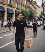 a man walking down the street with a parcel box