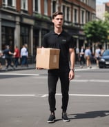 a man in a black shirt and black pants holding a box