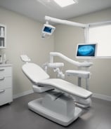 A dentist and a patient are in a dental office. The dentist, wearing scrubs, is pointing at a laptop on a mobile dental unit. The patient, seated in the dental chair, is looking at the screen with a smile. The room contains dental equipment and art featuring teeth on the wall.