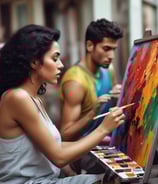 A multi-level art gallery features numerous paintings on white walls. Visitors are casually walking and some are observing the artwork. The gallery has a modern architectural design with curved edges and railings.