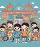 A group of children gathers outdoors on an orange mat placed on the ground near a brick wall and rustic building. Some children are sitting with books, while others stand nearby. There's an atmosphere of informal learning or play in a rural setting.