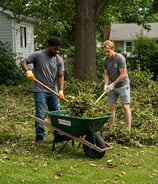 Two men clearing out yard debris from a customer's lawn.