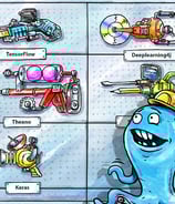 a cartoonish monster fish with a variety of items
