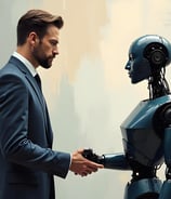 Profesional estrechando la mano de un robot, representando alianzas humanas y tecnológicas.