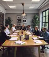 Four men in business attire are engaged in a discussion around a table. One man appears to be explaining something while pointing at some documents in front of them. The others are listening attentively, and one holds a pen and a mobile device. The setting is a plain office environment.